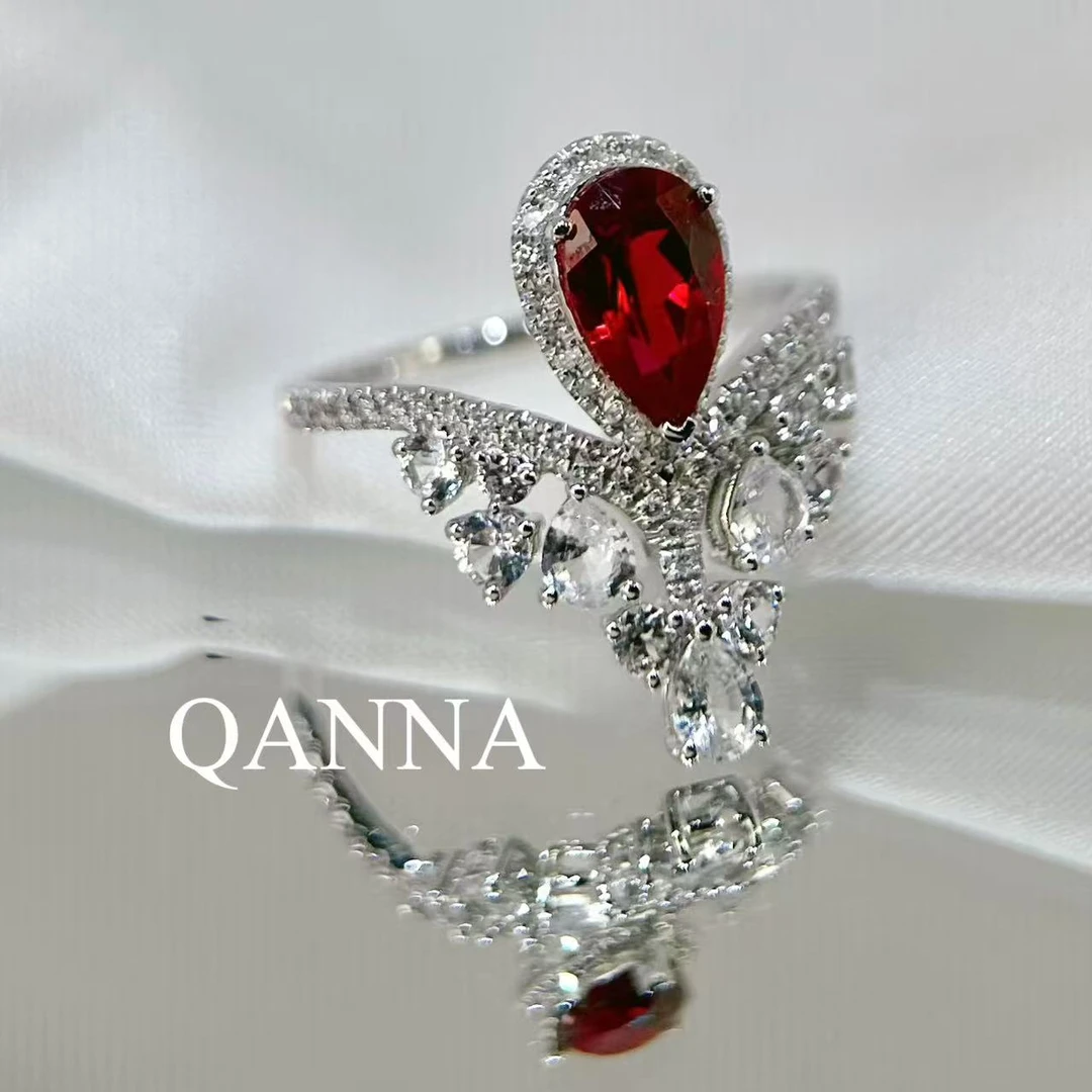 QANNA【红泪珠帘】【红色大水滴皇冠】奢华名媛风经典皇冠钻石戒指AY