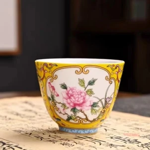 【现货】珐琅彩万花品茗杯（黄）G1792