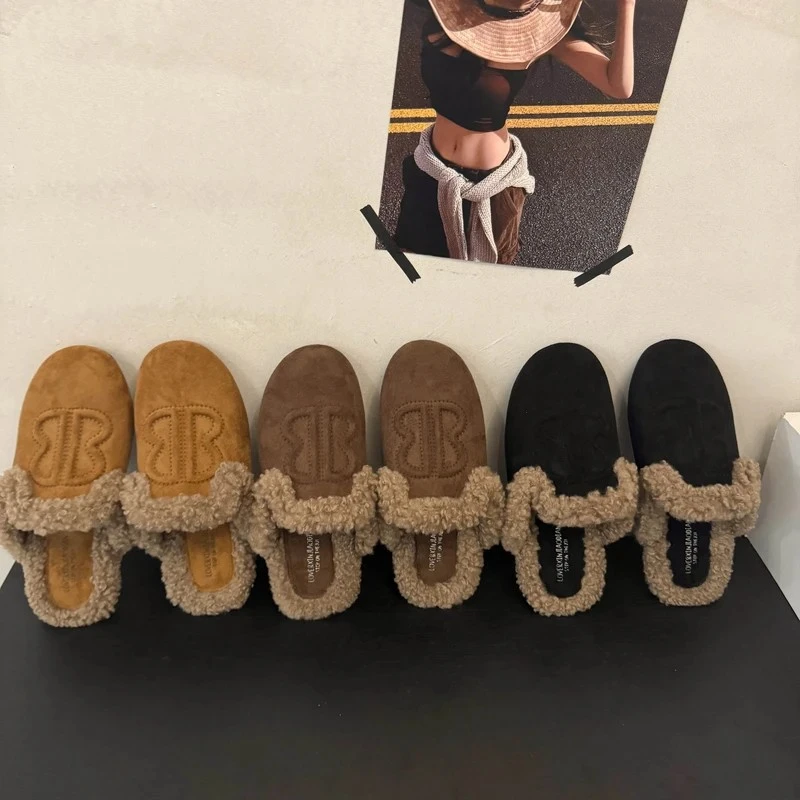 小众风拼色软皮羊羔毛包头半拖鞋女外穿时尚一脚蹬懒人勃肯鞋