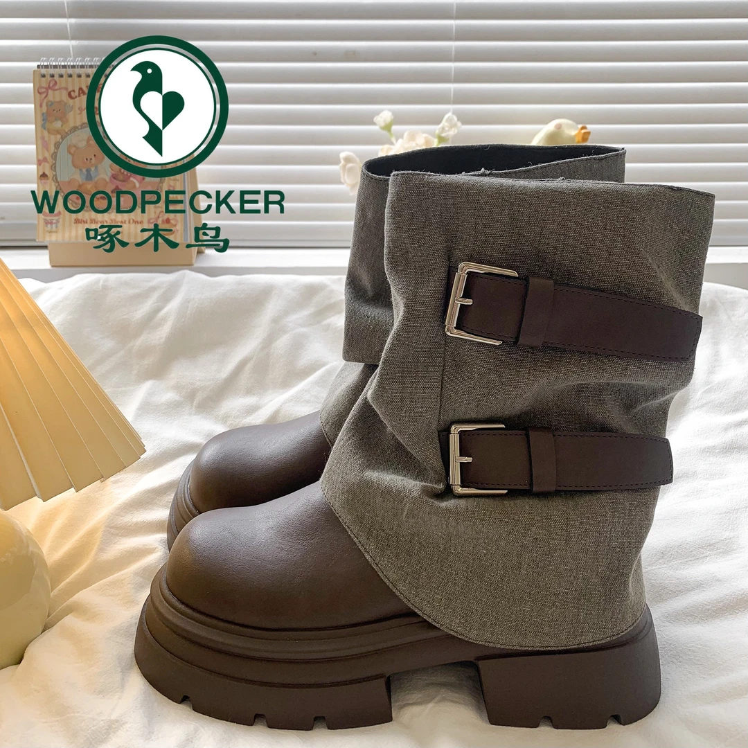 啄木鸟棕色短靴女2025秋冬新款复古圆头小个子粗跟厚底帅气裤管靴