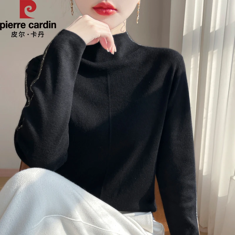 皮尔卡丹新款时尚半高领烫钻打底长袖针织衫秋冬纯色气质百搭