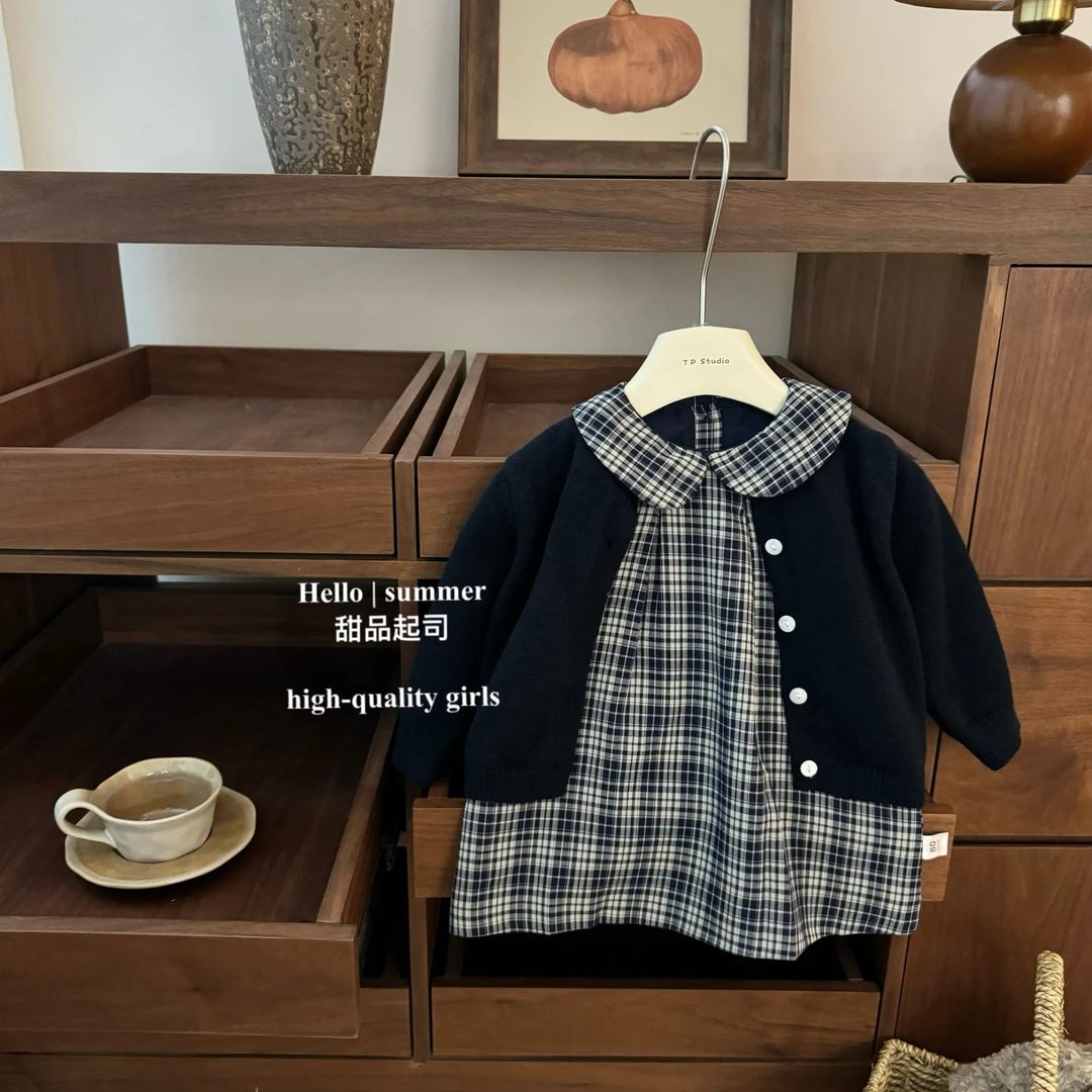 【甜品起司】漫高艺术生！女宝甜美蓝格子学院风娃娃领A字版公主裙
