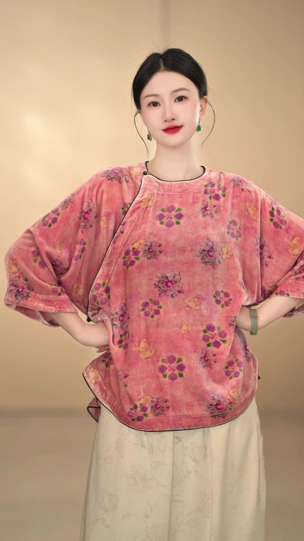 「玉簪丝」桑蚕丝丝绒民族风秋冬款圆领斜襟复古汉服中国风百搭中袖