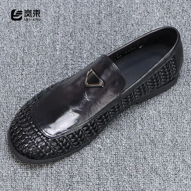 豆豆鞋真皮男士休闲皮鞋夏季2025新款镂空透气编织一脚蹬商务男鞋