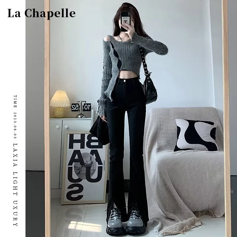 黑色微喇牛仔裤女秋冬新款高腰显瘦梨型身材小个子开叉拖地喇叭裤