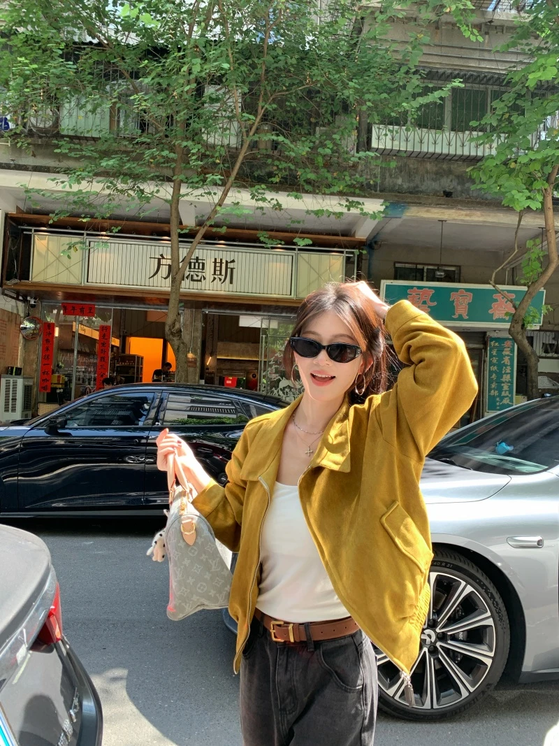 2025秋季新款复古翻领拉链麂皮绒时尚百搭长袖夹克短外套上衣女潮