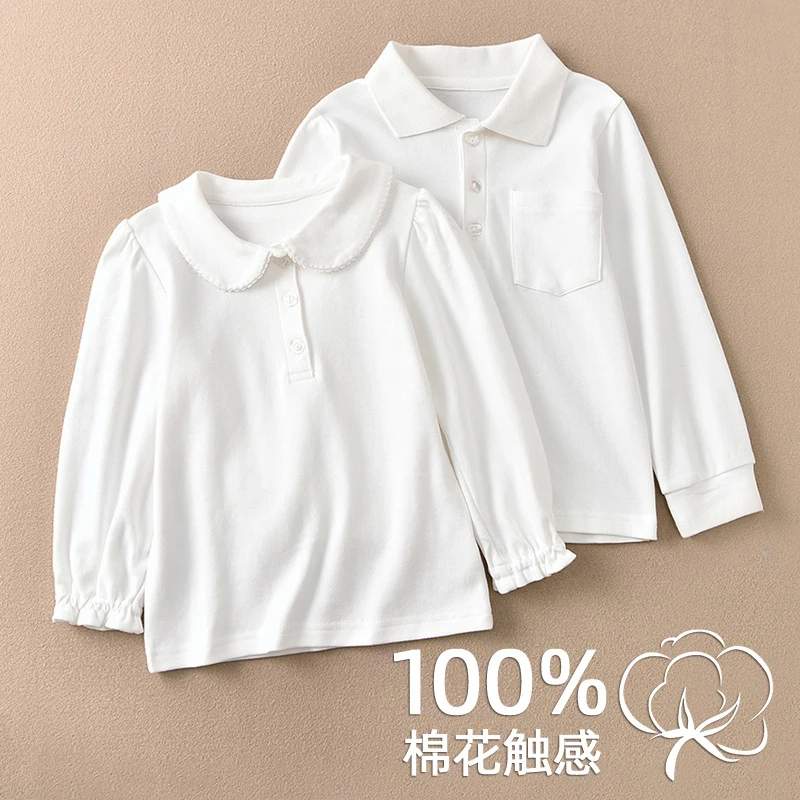 早秋纯白色女童长袖t恤秋装衣服男童polo翻领上衣宝宝打底衫