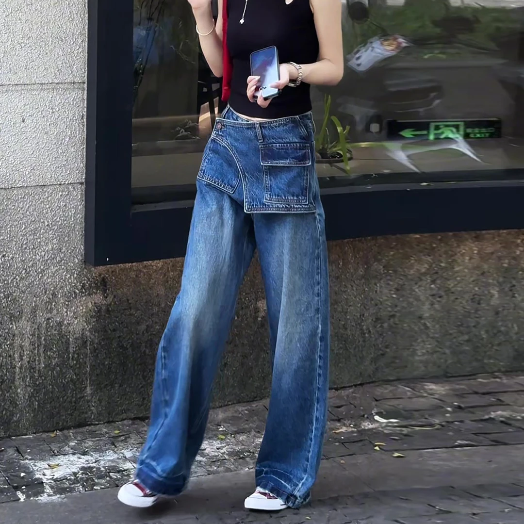 蓝色不规则设计阔腿牛仔裤女2025夏季新款高腰显瘦直筒休闲拖地裤