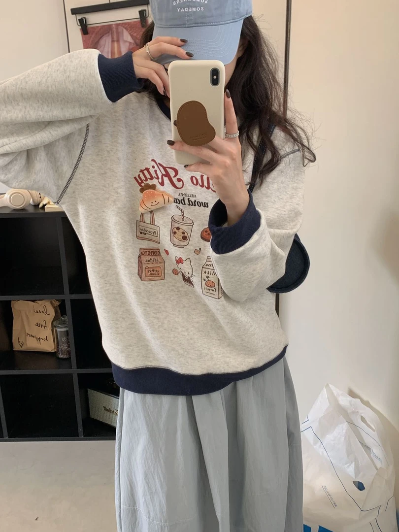 宽松复古【牛奶饼干】卫衣印花针织女装卡通动漫圆领可爱风