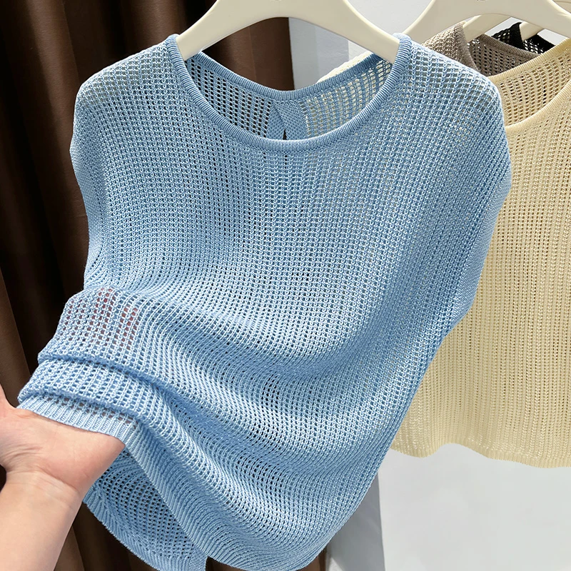 蓝色圆领无袖针织衫上衣女秋季爆款后背开叉设计镂空罩衫宽松小衫