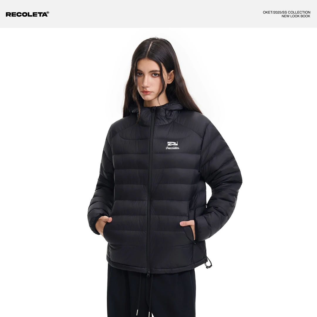 RECOLETA美式复古LOGO印花连帽排骨羽绒服时尚保暖白鸭绒外套秋冬