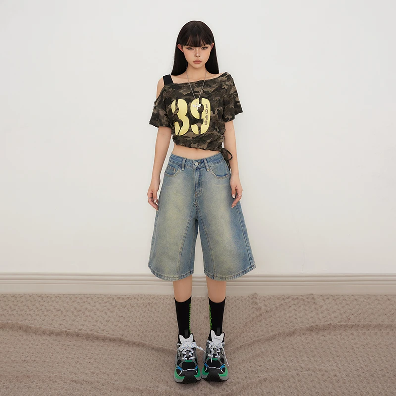 美式复古高腰宽松阔腿裤五分裤百搭渐变高街直筒牛仔裤女