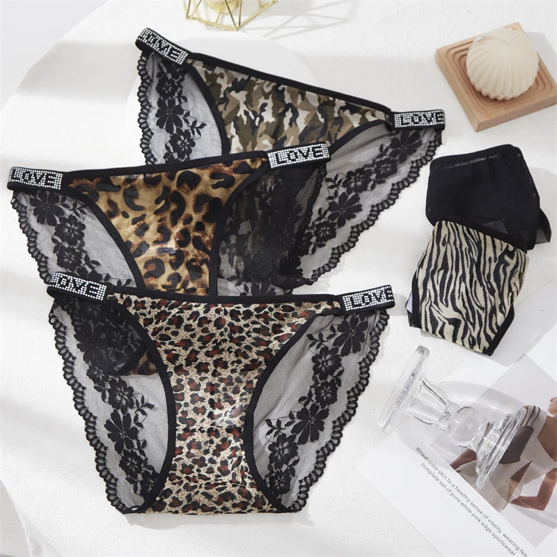 【90-130斤】蕾丝女士内裤细带性感舒适高弹中低腰透明豹纹三角裤女