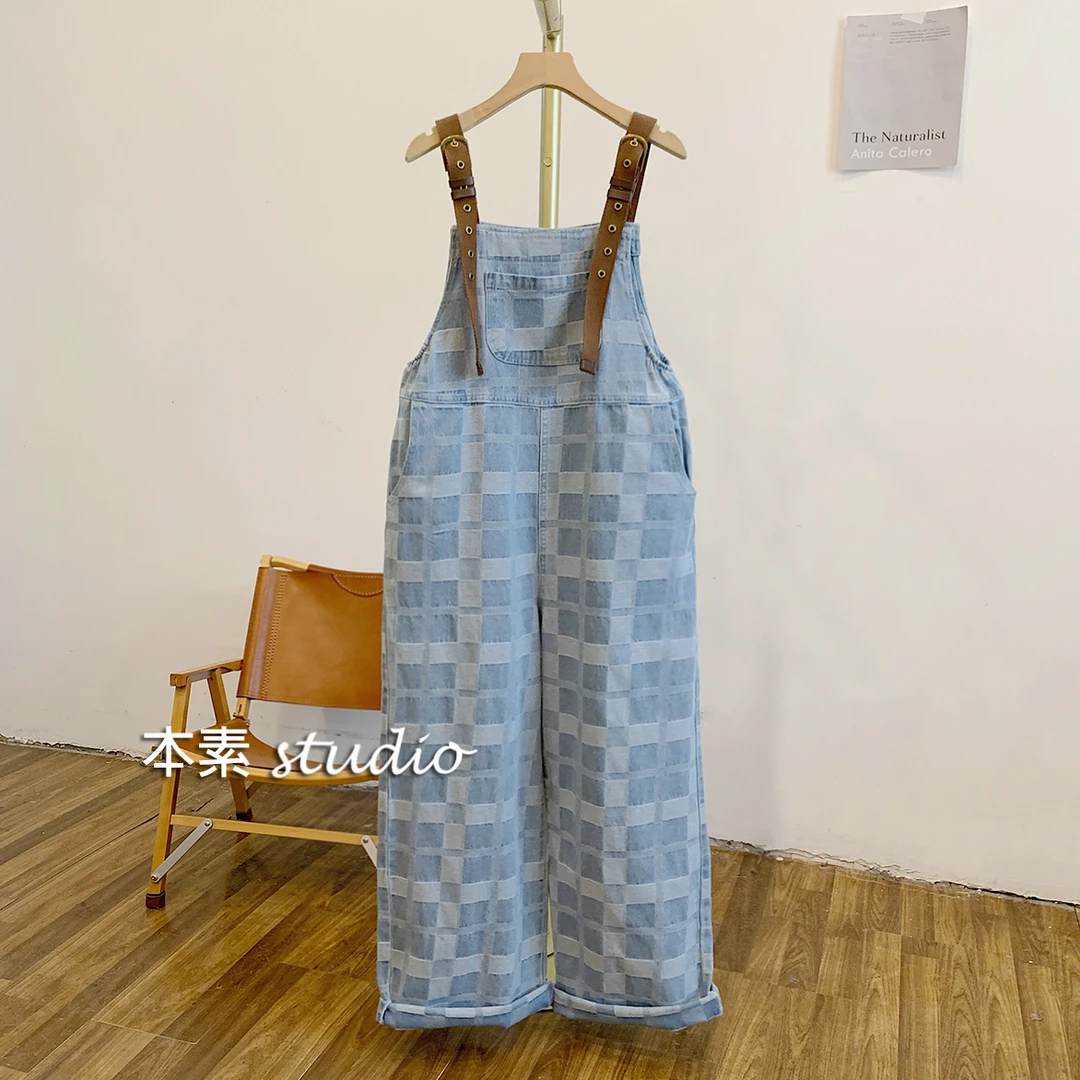 C3589格纹可调节编织肩带牛仔背带裤