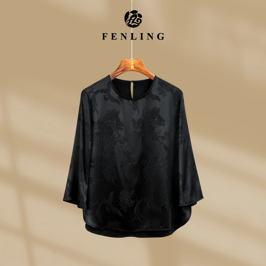 芬领-凤凰花·黑-2025春季新品高定真丝桑蚕丝冠乐缎圆领短袖上衣