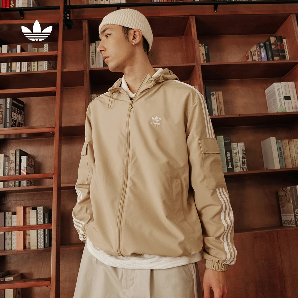 阿迪达斯三叶草经典条纹运动外套连帽夹克男女款 KB1943