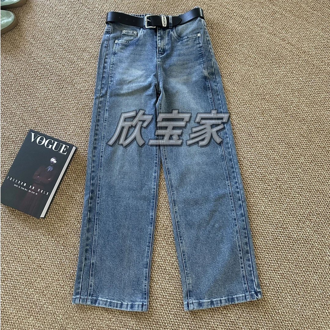 2025春款女士休闲百搭宽松蓝色牛仔裤高腰弹力显瘦设计时尚女款