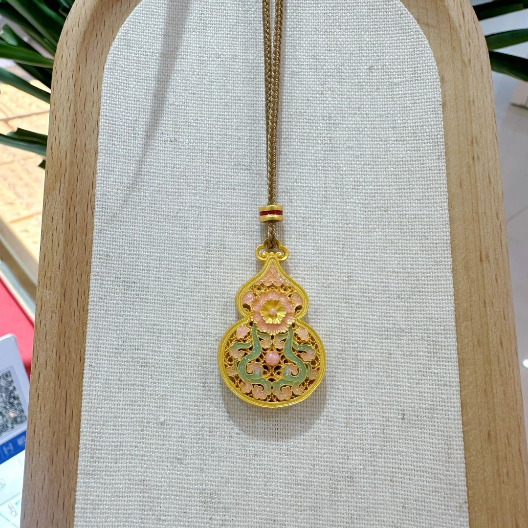 吊坠足银珐琅 足银国风海棠葫芦吊坠 双面可戴