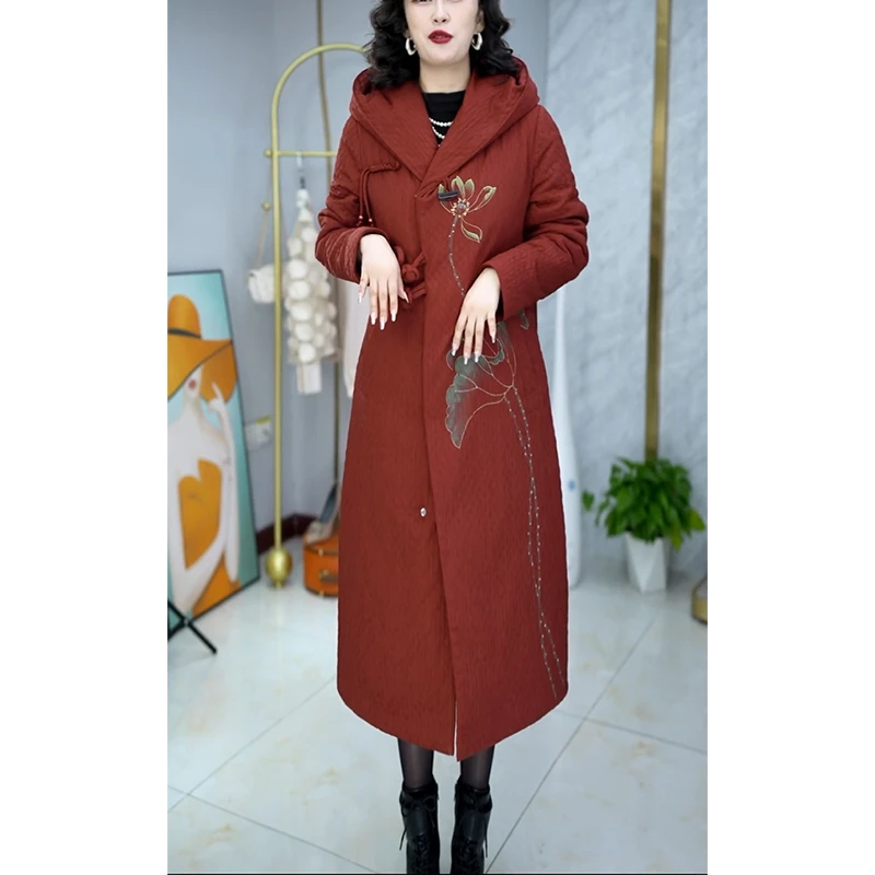 中长款过膝妈妈红色轻薄棉衣棉服女装冬气质显瘦保暖高档棉袄外套