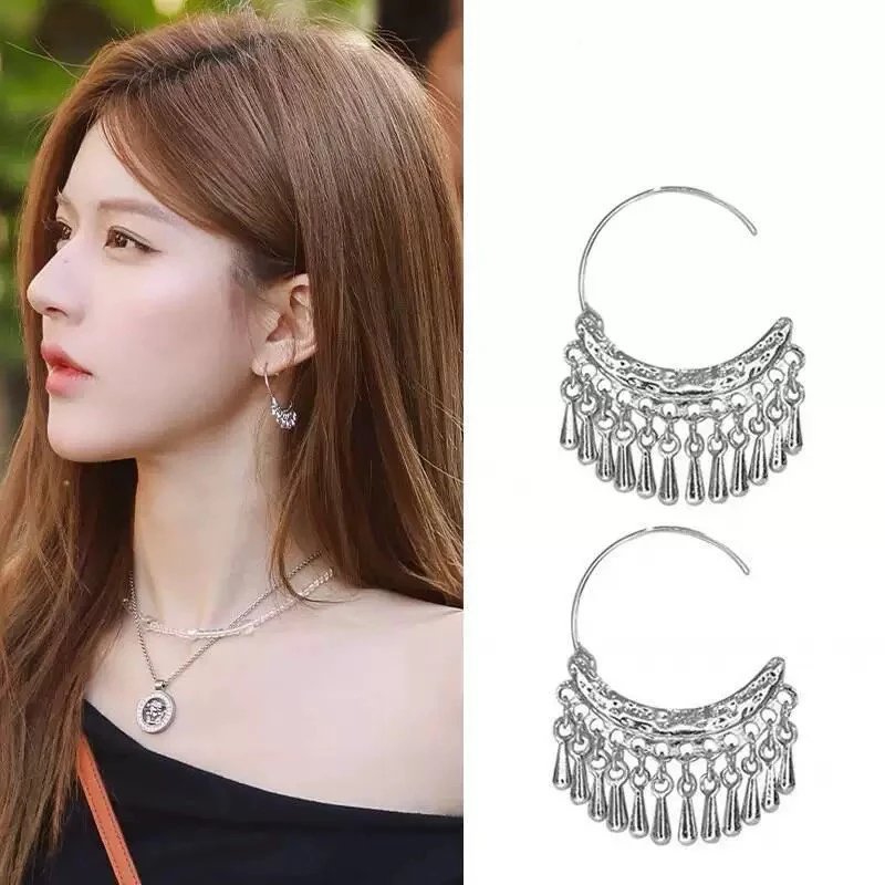 925银耳饰 赵露思同款耳环民族风流苏耳饰气质高级百搭耳钉方圆脸