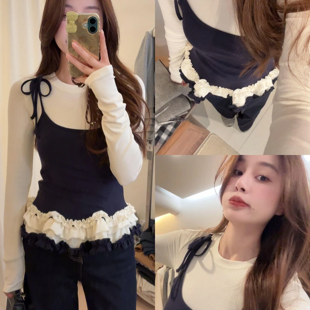 春秋新款假两件时尚显瘦保年货节暖外穿韩版ins百搭长袖打底衫