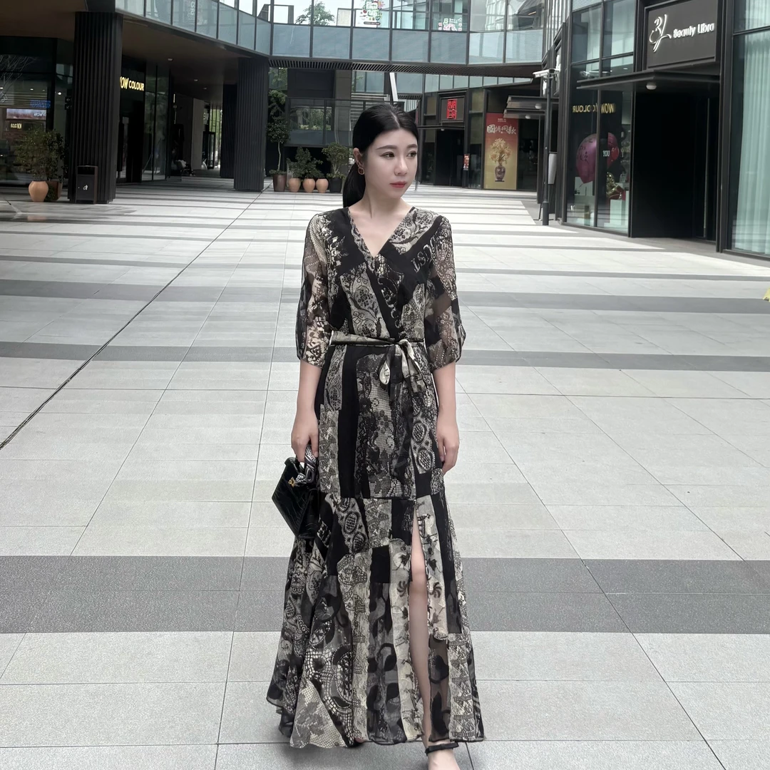 ZR 【100%植物纤维】午夜鸢尾V领透气高腰A字大摆长裙连衣裙