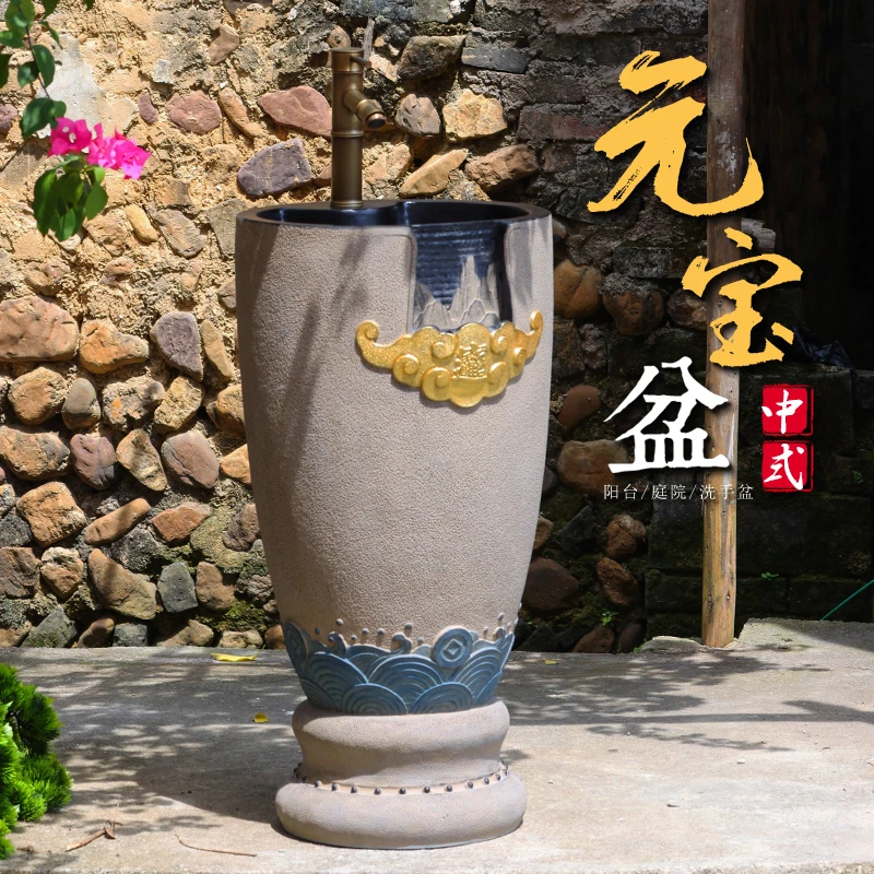 新中式庭院花园户外立柱盆别墅露台落地式洗手池阳台盆一体洗脸盆