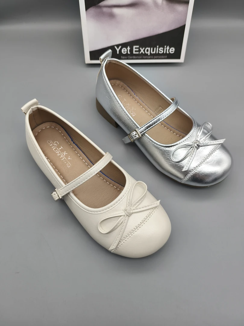 2025新款夏季圆头蝴蝶浅口玛丽珍玛丽珍鞋单鞋蝴蝶结豆豆鞋皮鞋