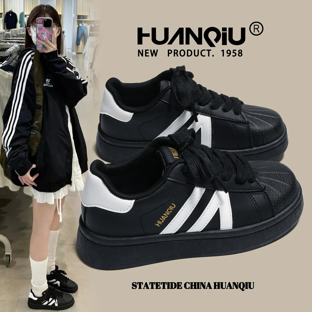 环球贝壳头黑色板鞋女2025新款秋季韩版ins小众设计感百搭小黑鞋