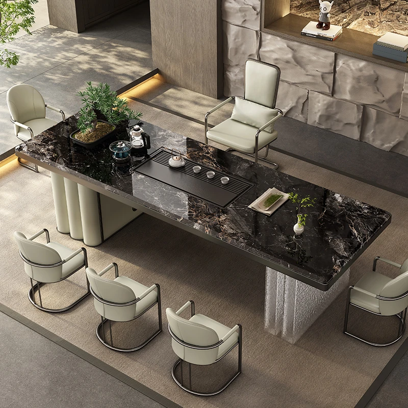 意式轻奢岩板茶台现代超晶石高级别墅大平层办公室阳台茶桌椅组合