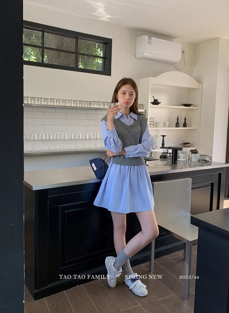 韩系学院风减龄polo领假两件长袖衬衫裙
