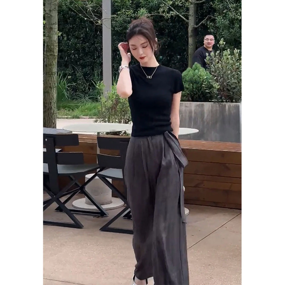 炸街短袖黑色t恤上衣搭配通勤西裤小个子休闲套装女2025新款夏季