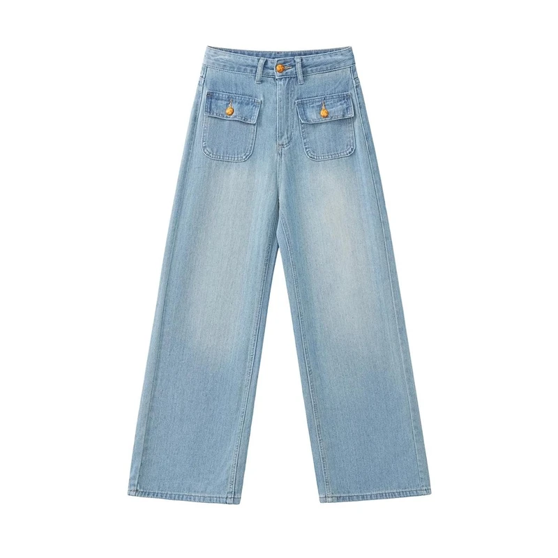 牛仔裤女夏季宽松直筒裤设计师款提花休闲高腰显瘦水洗浅蓝1281