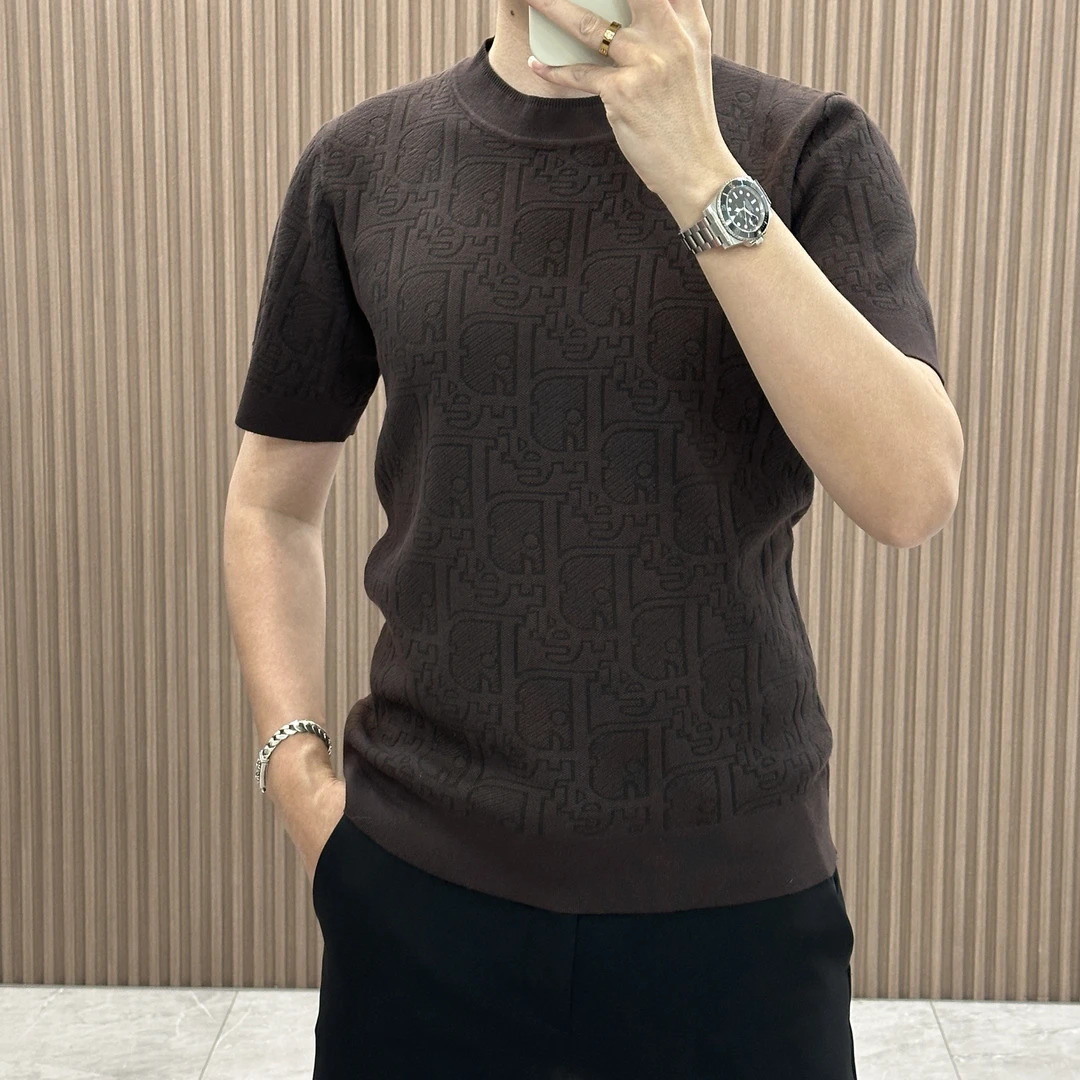 秋冬新款男士轻奢短袖针织衫休闲修身时尚潮流圆领提花打底毛衣
