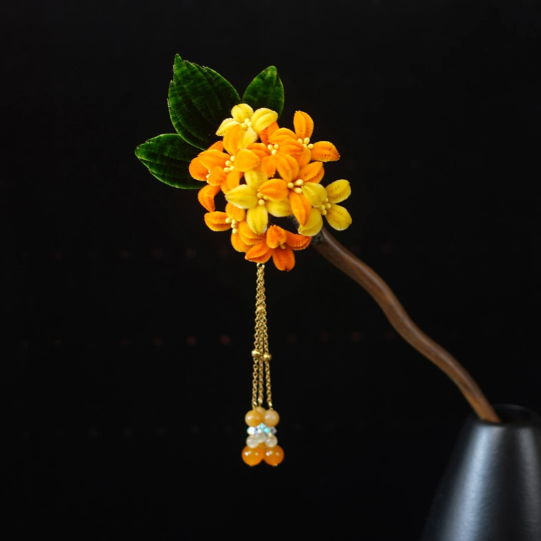 非遗绒花丨金桂飘香 纯手工蚕丝线细绒花国风新中式红檀木盘发簪