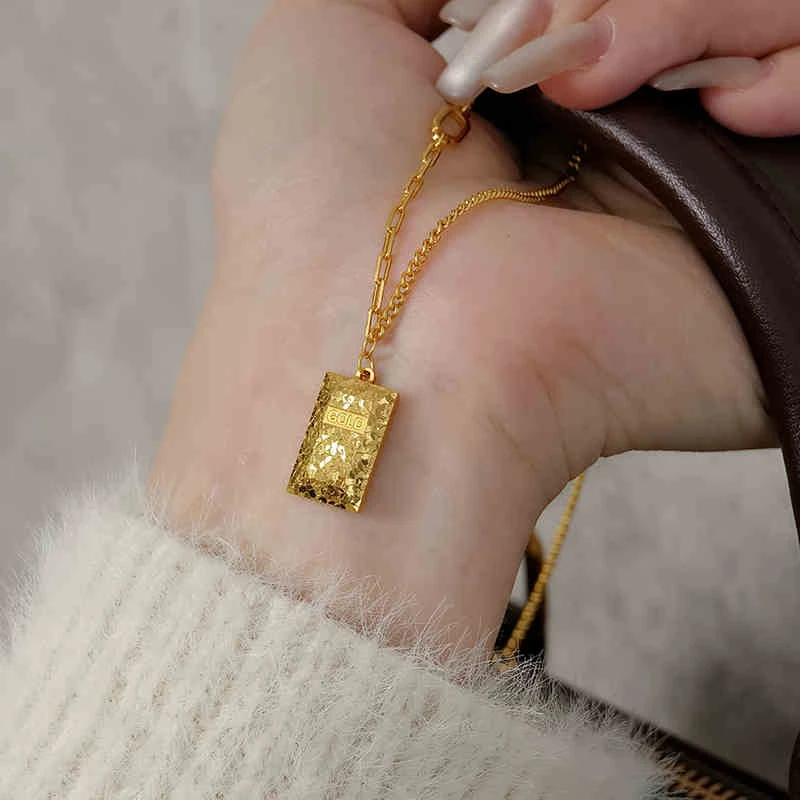 铜合金项链 暴富小方砖碎冰冰超闪项链金店同款黄金色配饰锁骨链