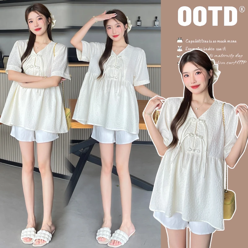 国风盘扣孕妇套装夏季2025新款韩版V领孕妇娃娃衫上衣+短裤两件套