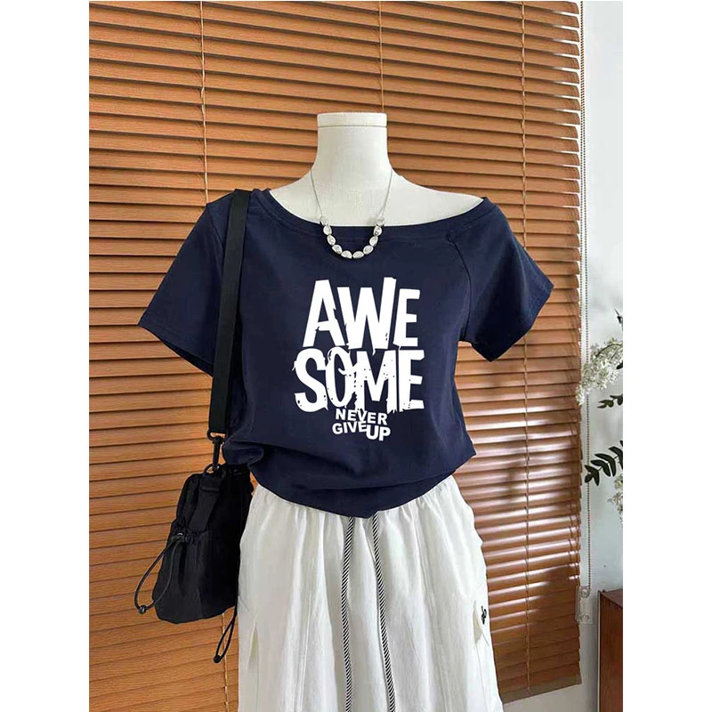 美式斜肩短袖t恤女2025夏季新款时尚设计感显瘦遮肉辣妹露肩上衣