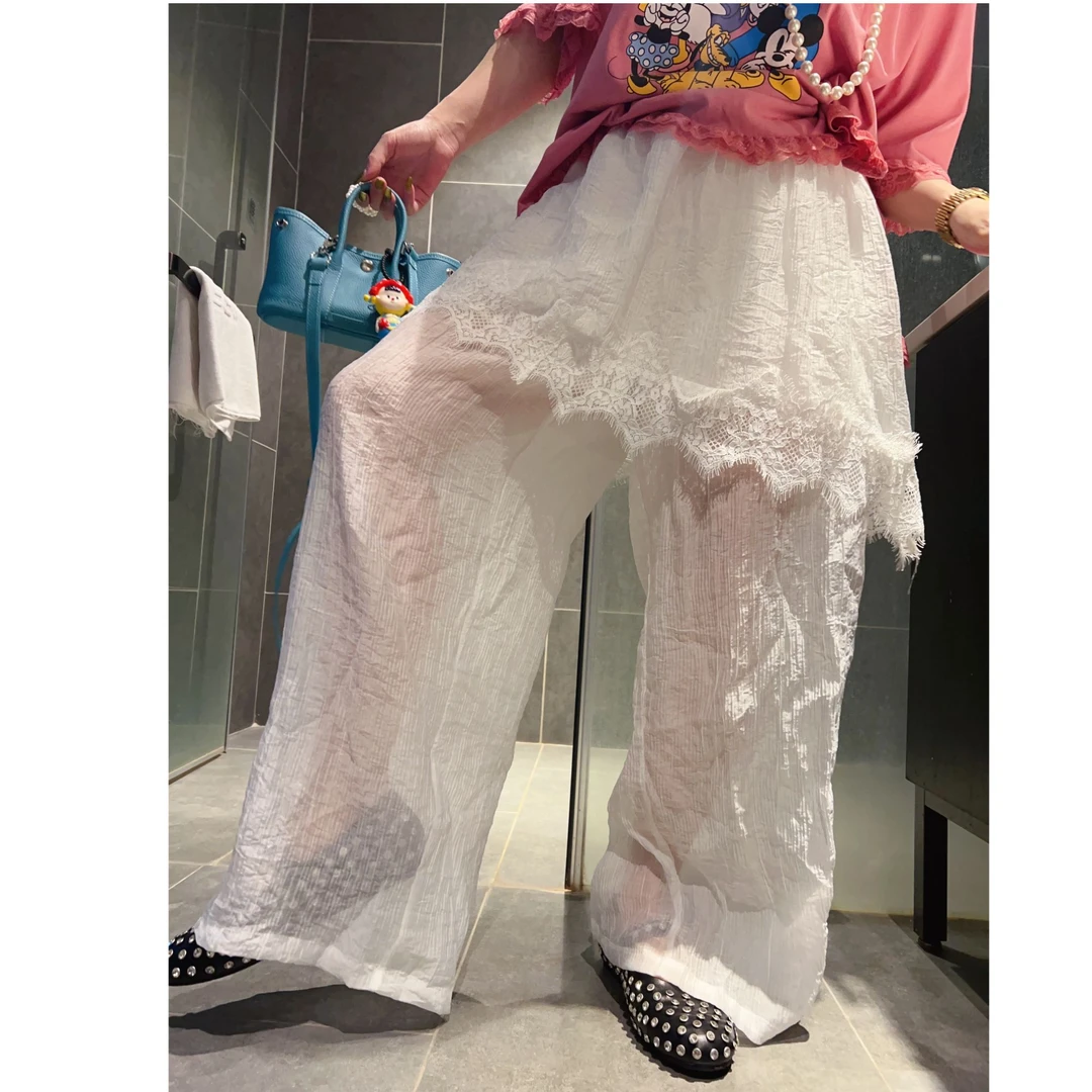 春夏爆款蕾丝屁帘假两件阔腿裤女东大门十三行休闲宽松显瘦直筒裤