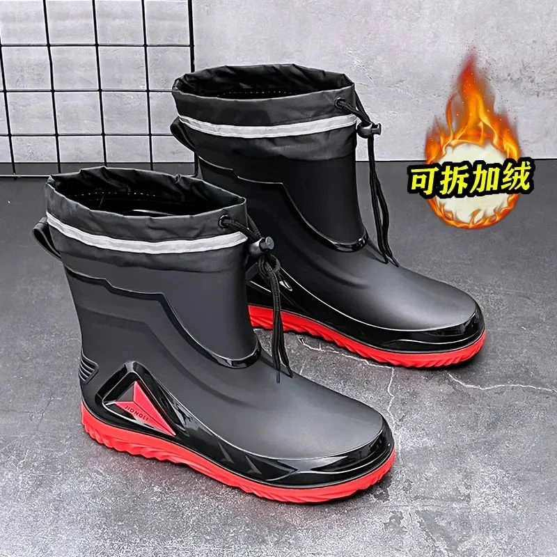 男士水鞋短筒潮流雨鞋时尚加绒中筒保暖加厚耐磨防滑防水鞋软厚底