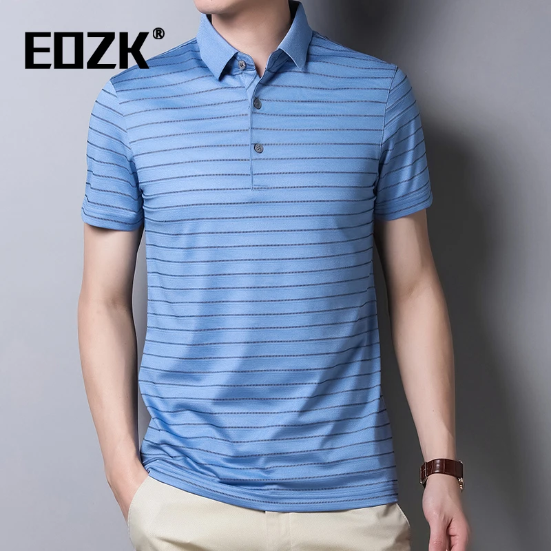 Eozk高档短袖T恤男士条纹半袖polo衫中青年翻领凉感体恤薄款夏季