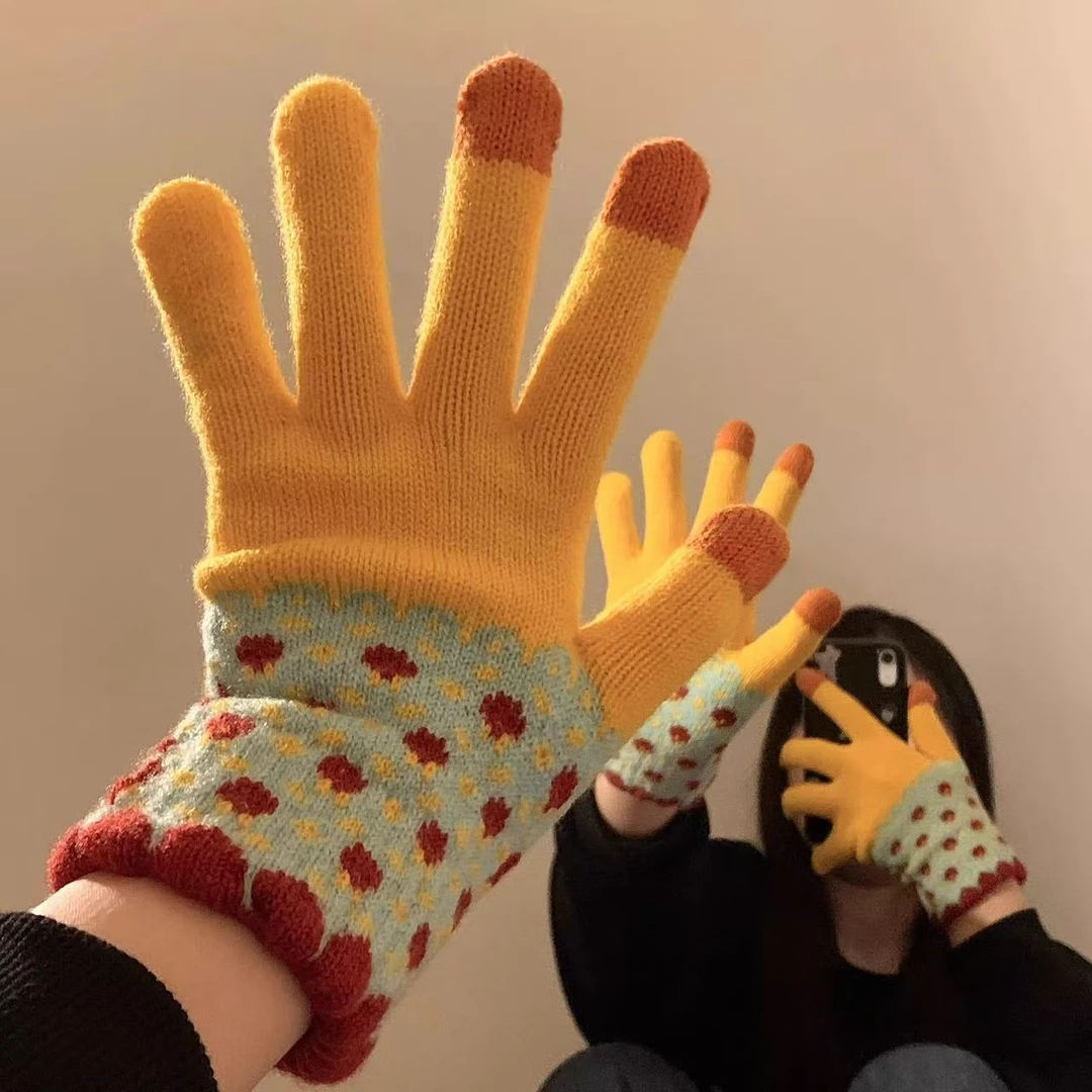 手套冬季女骑车加绒加厚男情侣款可爱保暖可触屏防寒五指冬天家居