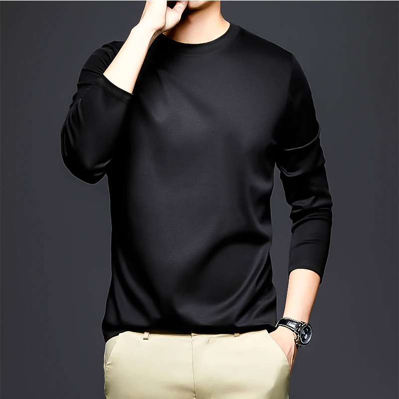 迪诺库克斯丝光棉男士长袖打底衫纯色秋冬纯棉T恤修身百搭上衣
