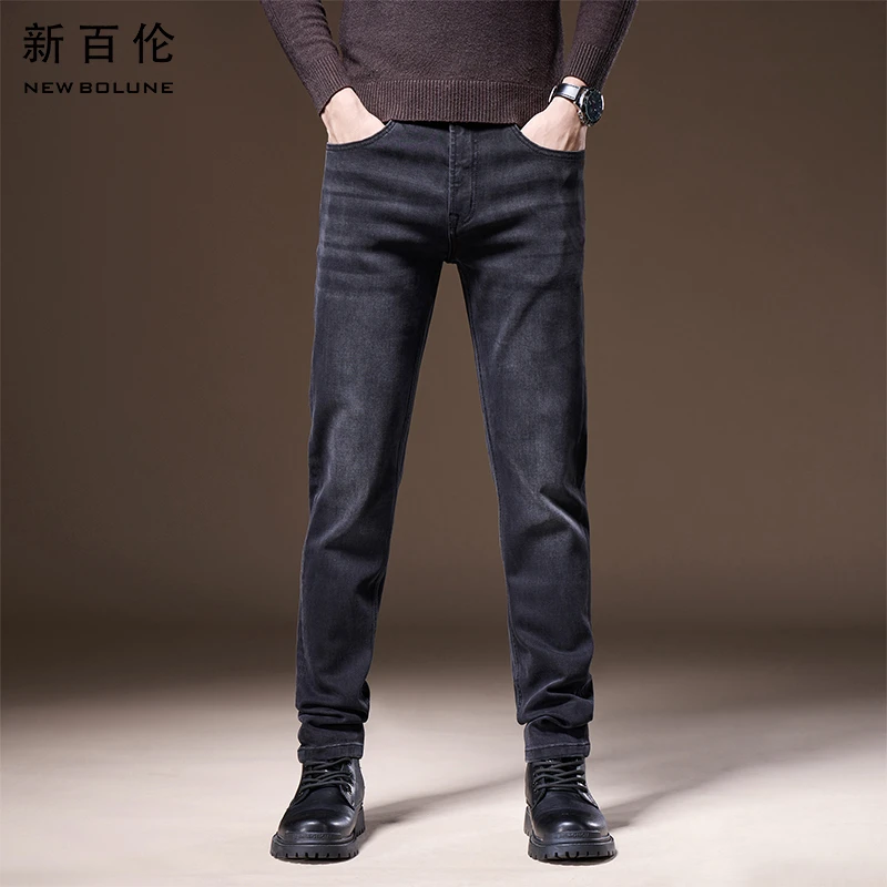 新百伦秋冬加绒黑色爆款牛仔裤男2025新款百搭九分小直筒修身长裤