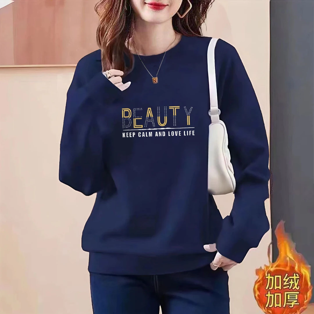 华棉设计感新款加绒/不加绒2025春秋冬季套头卫衣女大码圆领外套