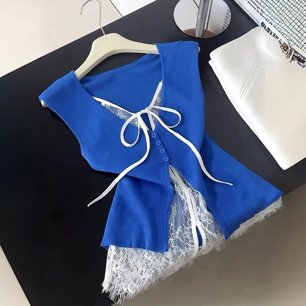 纯欲风假两件蕾丝拼接针织衫背心女2025夏季克莱因蓝系带V领上衣