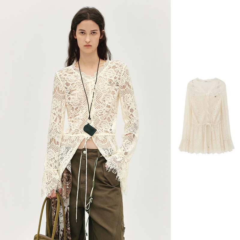 【现货】AVVENN2025冬季新品设计师款花边蕾丝单衣内搭长袖镂空上衣