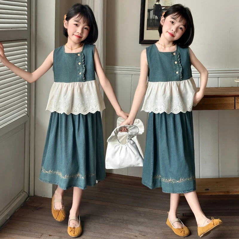 女童夏装时尚无袖牛仔套装2025新款中大儿童洋气韩系半身裙两件套