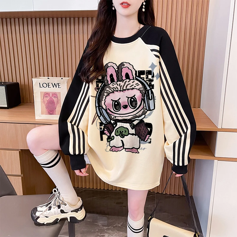 中长款卡通撞色卫衣女2025秋冬季爆款oversize宽松慵懒风加绒上衣