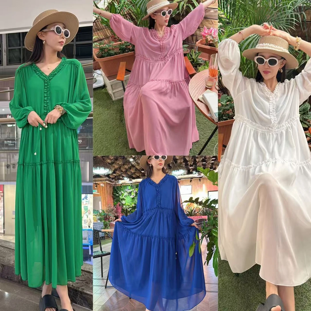 98新款气质时尚大码V领花边领连衣裙